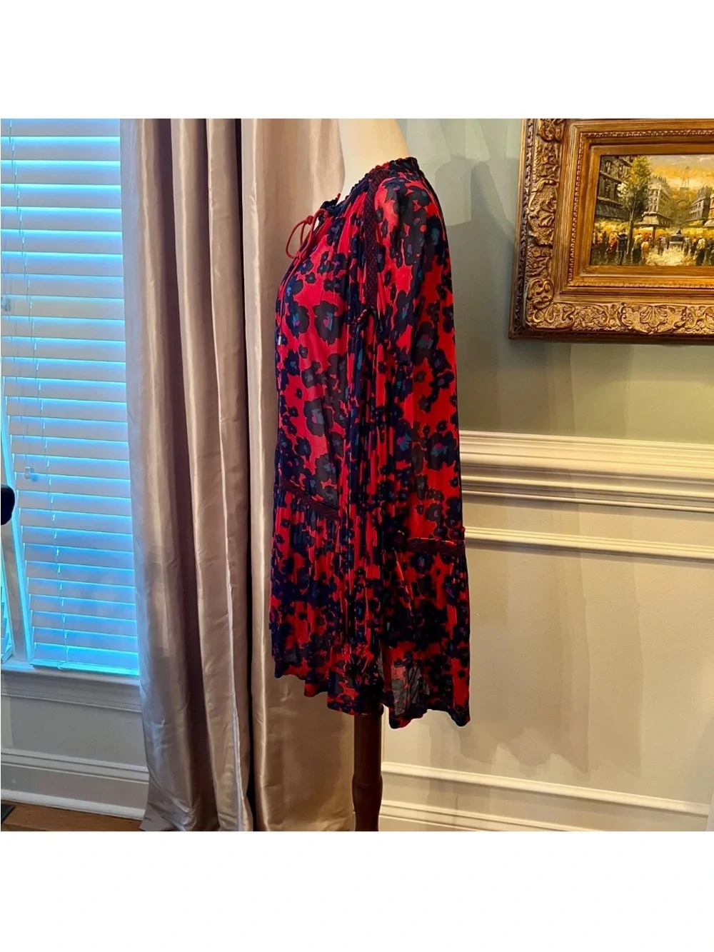 Free People Love Letter Tunic Top Mini Dress Merlot Combo Floral Red Blue